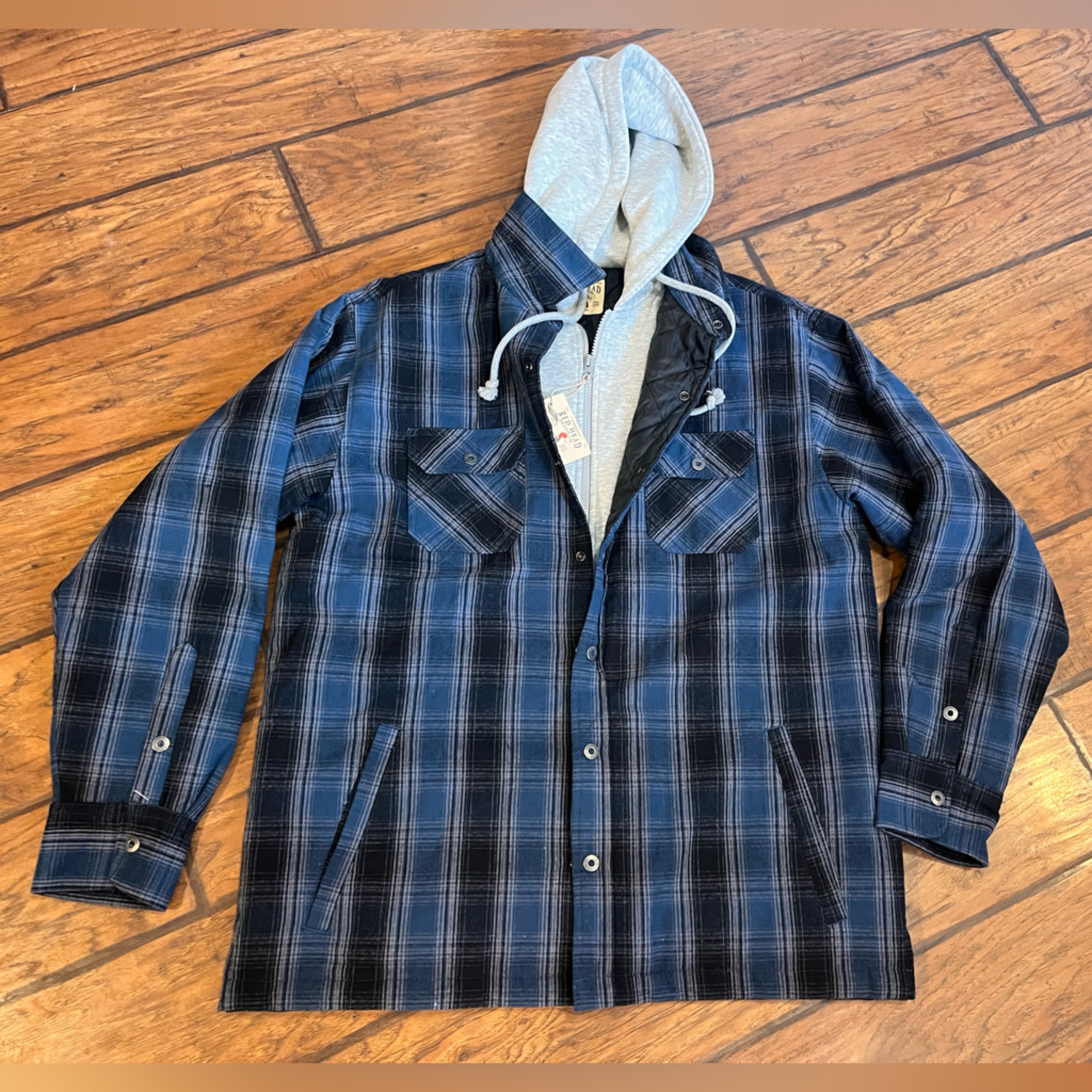 Red Head Insulated Jacket Mens Large Blue Black Plaid Hooded Lined Full Zip Nwt